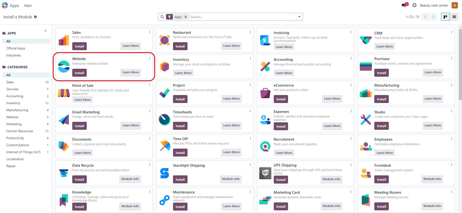 New module installation menu