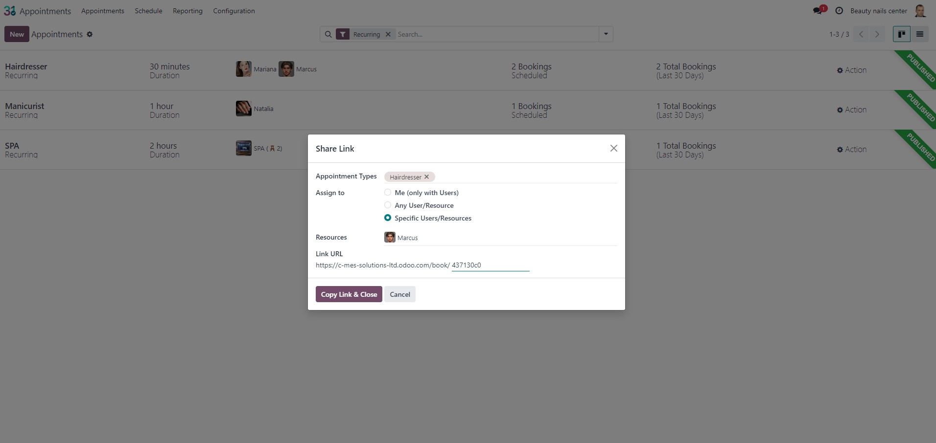 Link to type of apointments