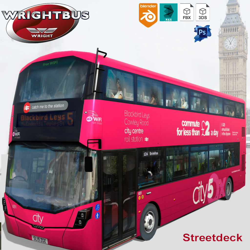 Wrightbus Streetdeck Oxford sity pink livery bus Low-poly 3D model